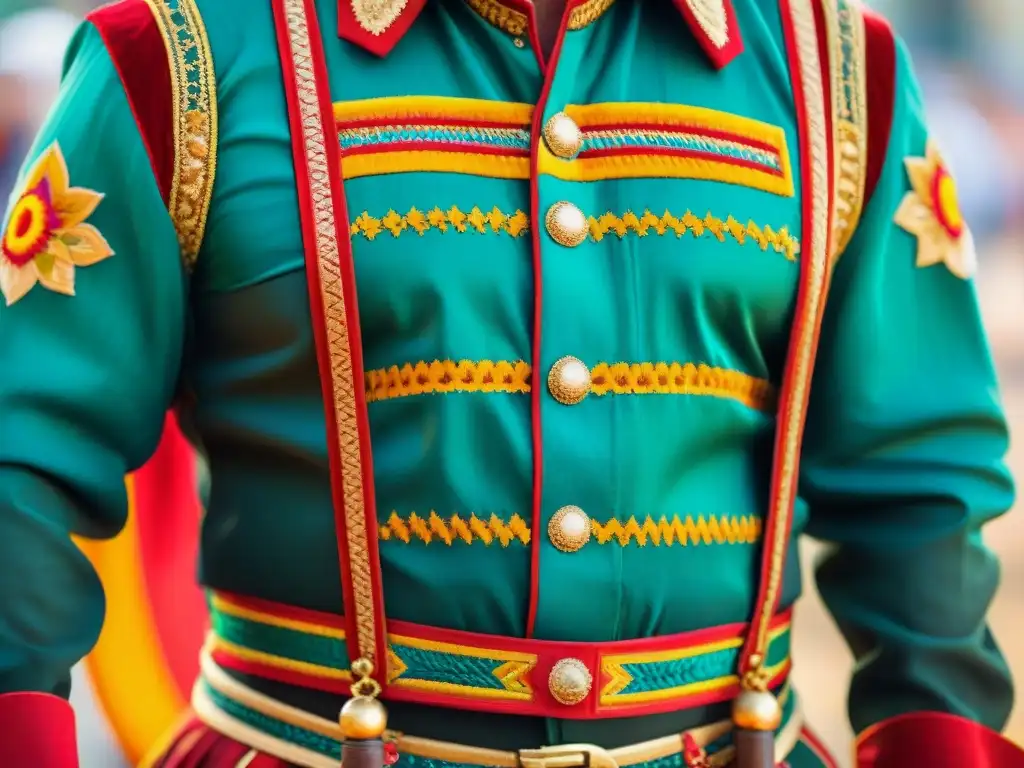 Detalle vibrante de un traje de Carnaval Uruguayo con bordados, colores brillantes y texturas delicadas