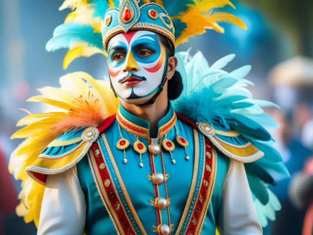 Detalle vibrante de traje de Carnaval Uruguayo con plumas, lentejuelas y bordados