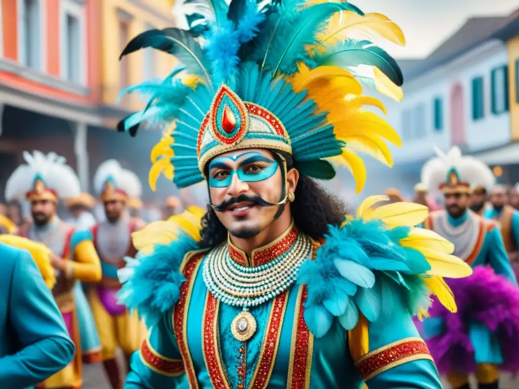 Detalle vibrante de trajes Carnaval Uruguayo con mensaje oculto de color y energía festiva