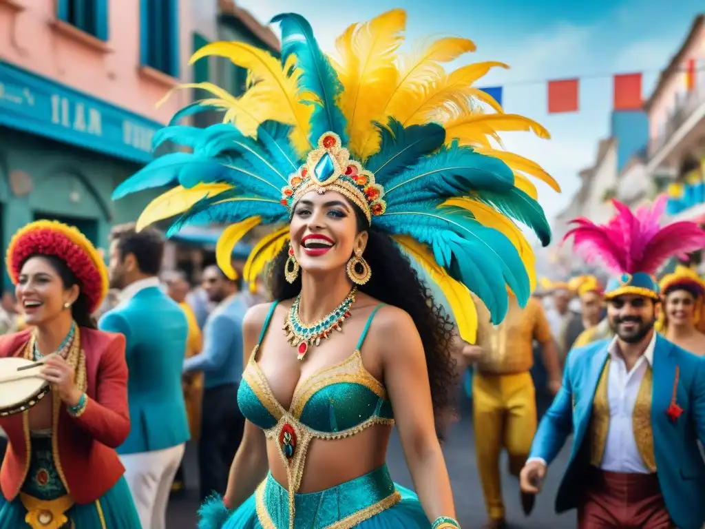 Detalle vibrante de trajes de Carnaval en Uruguay, con diseño exquisito y colores festivos