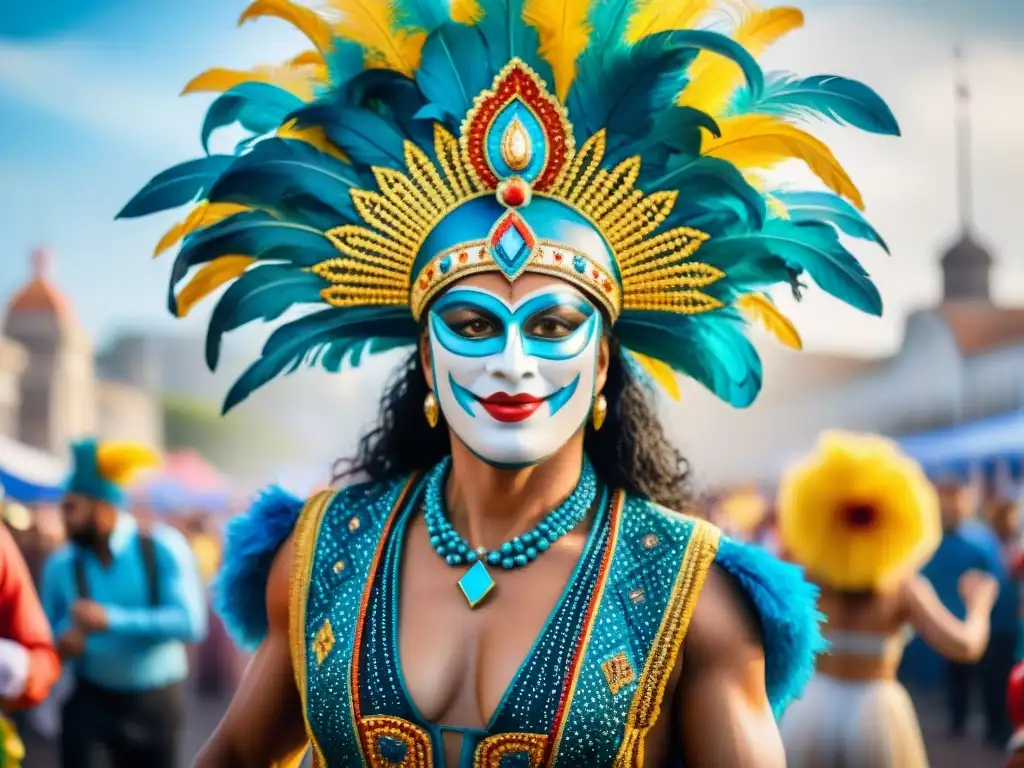 Detalle vívido del Carnaval de Uruguay: íconos en trajes elaborados bailando y celebrando en un desfile colorido y festivo