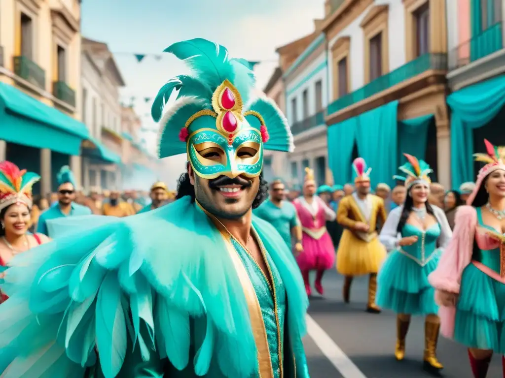 Detalles vibrantes del Carnaval Uruguayo con influencia de Carlos Gardel, lleno de alegría y color