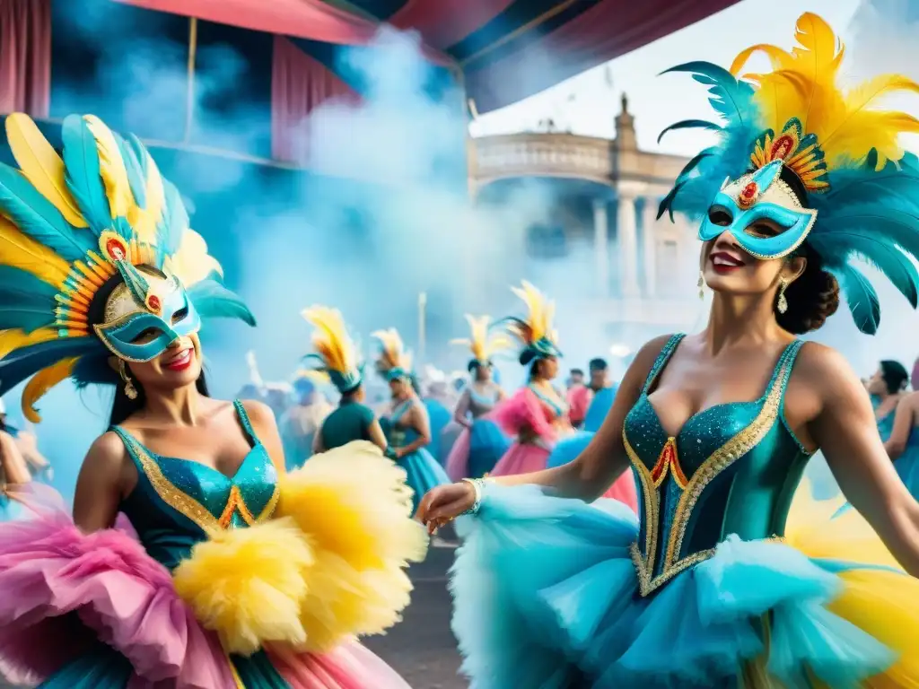 Detrás de escena en el Carnaval Uruguayo: coloridos trajes, máscaras intrincadas y ensayos de baile, todo en una ilustración detallada en acuarela