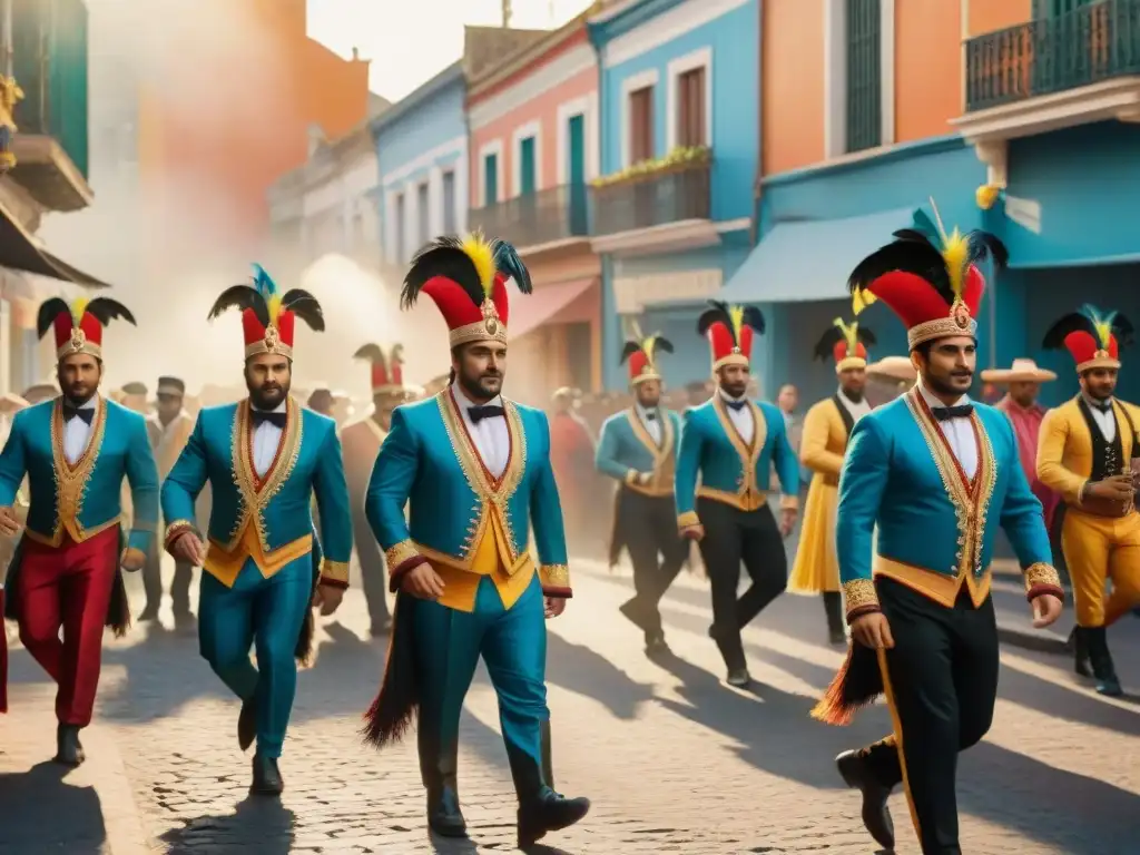 Preparación vida diaria murga uruguaya: murgueros practican su coreografía en una calle uruguaya durante el carnaval, entre luces y coloridos trajes