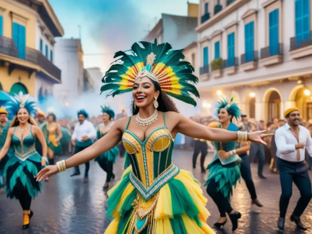 Transformación digital del Carnaval Uruguayo: Bailarines de carnaval en Montevideo, entre la multitud, con confeti y alegría