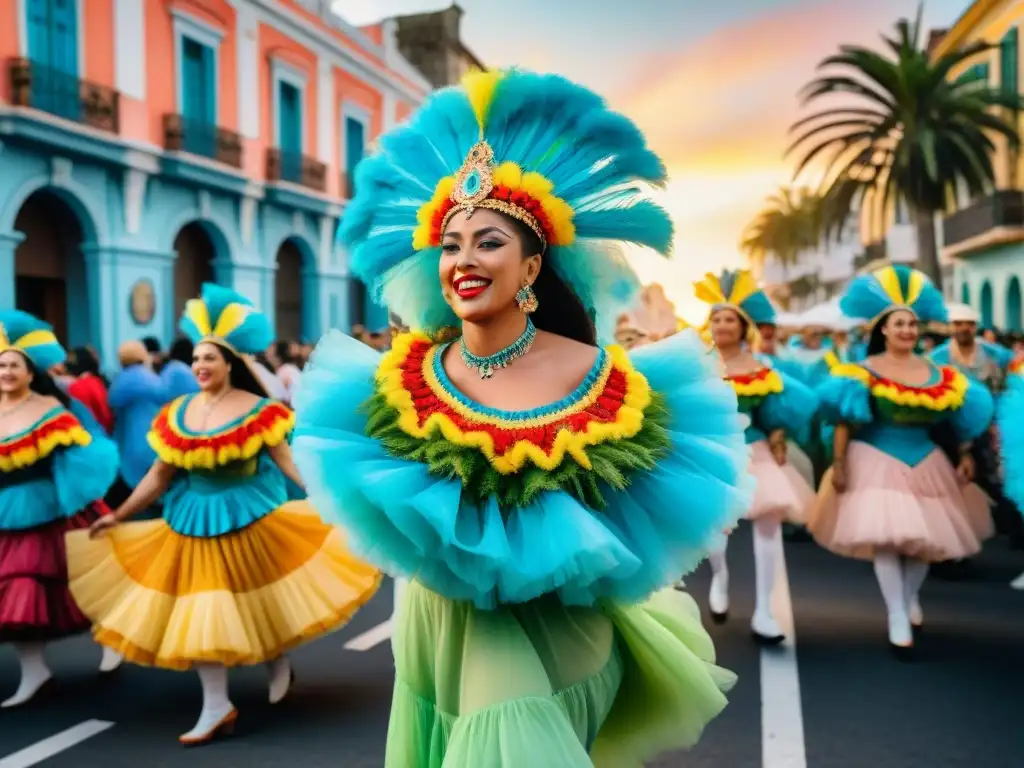 Transformación digital del Carnaval Uruguayo: Desfile vibrante en Uruguay con trajes coloridos y danzas tradicionales bajo el atardecer sudamericano