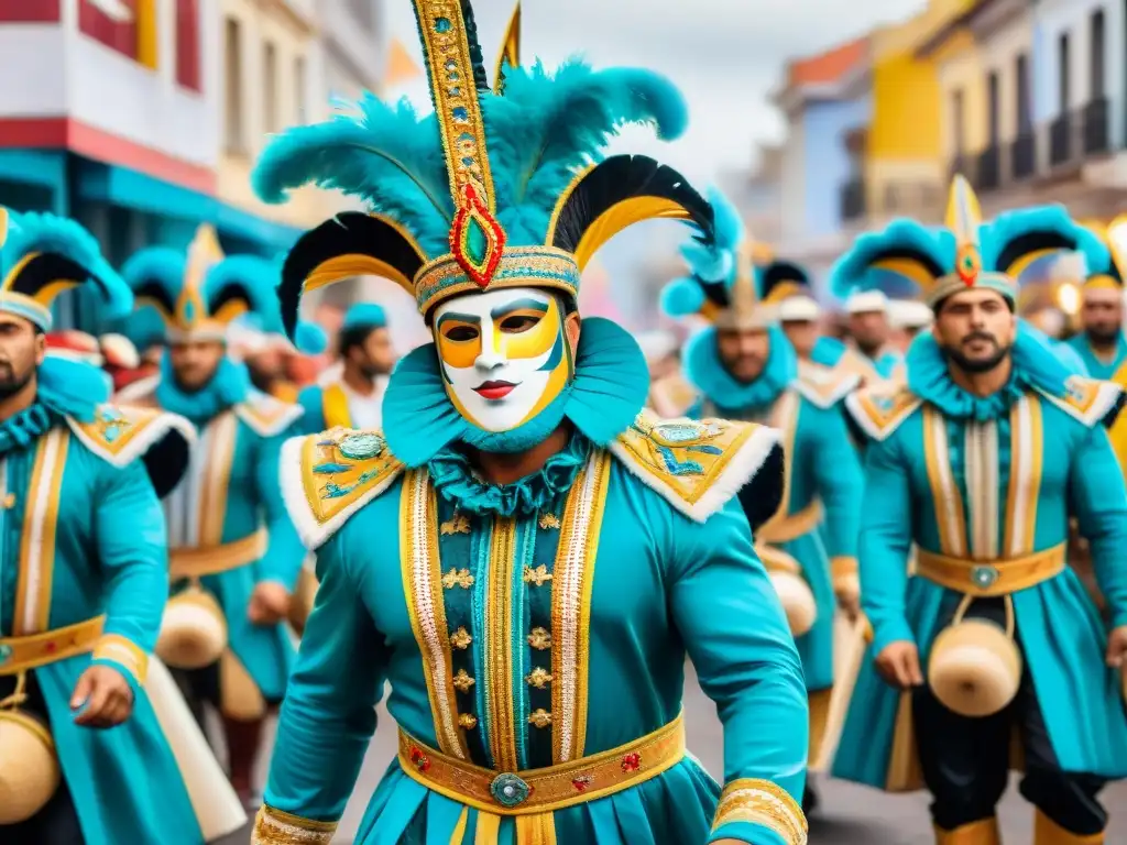 Transformación digital del Carnaval Uruguayo: Desfile vibrante con trajes detallados, músicos y espectadores alegres en las calles coloridas