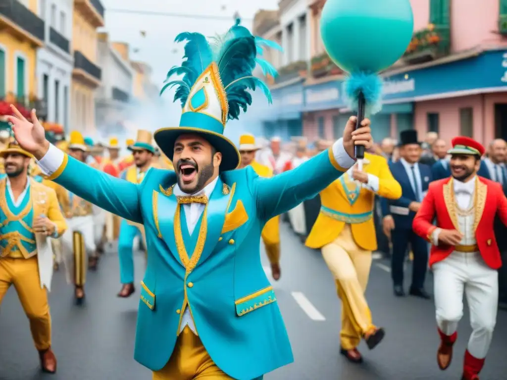 Transformación digital del Carnaval Uruguayo: Desfile colorido y festivo con trajes, carrozas y música tradicional, ambiente lleno de alegría