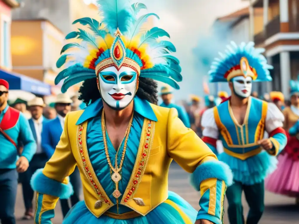 Transformación digital del Carnaval Uruguayo: pintura acuarela vibrante de desfile con bailarines coloridos y máscaras elaboradas