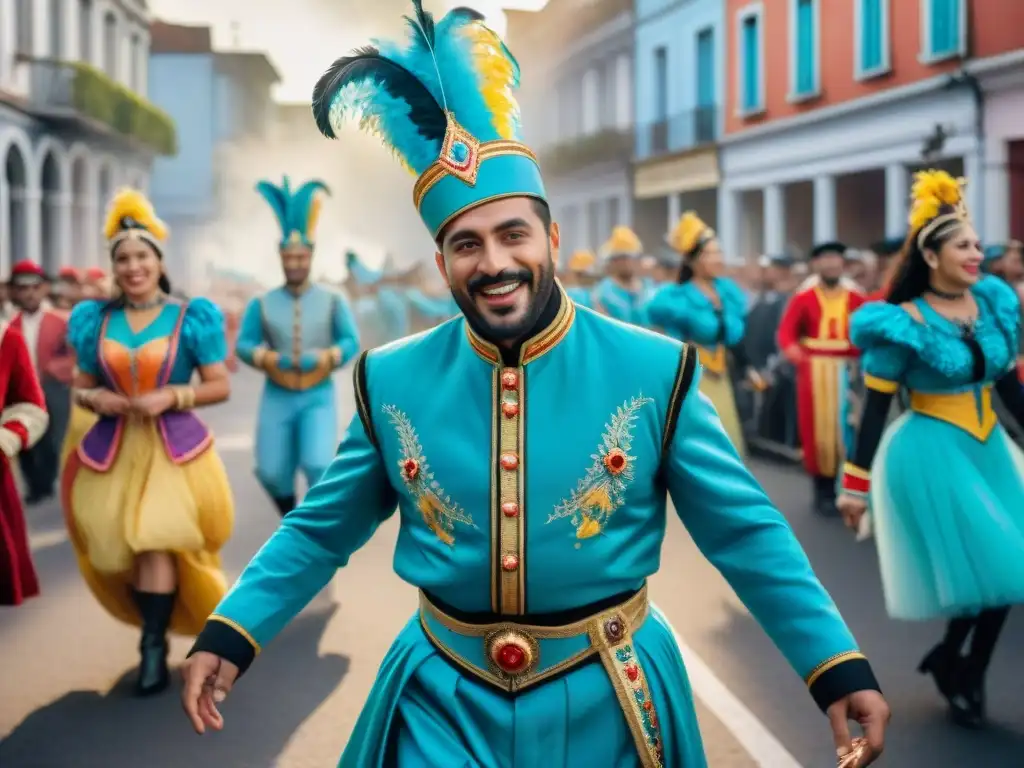 Transformación digital del Carnaval Uruguayo: Vibrante desfile con trajes tradicionales, música alegre y bailarines en calles coloridas