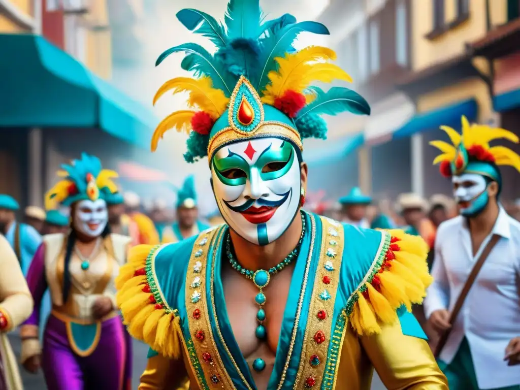 Una ilustración digital de la vibrante historia del Carnaval Uruguayo, con coloridos trajes, música alegre y máscaras intrincadas