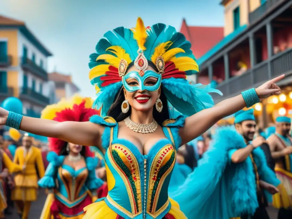 Una digitalización del Carnaval Uruguayo con bailarines y espectadores animados