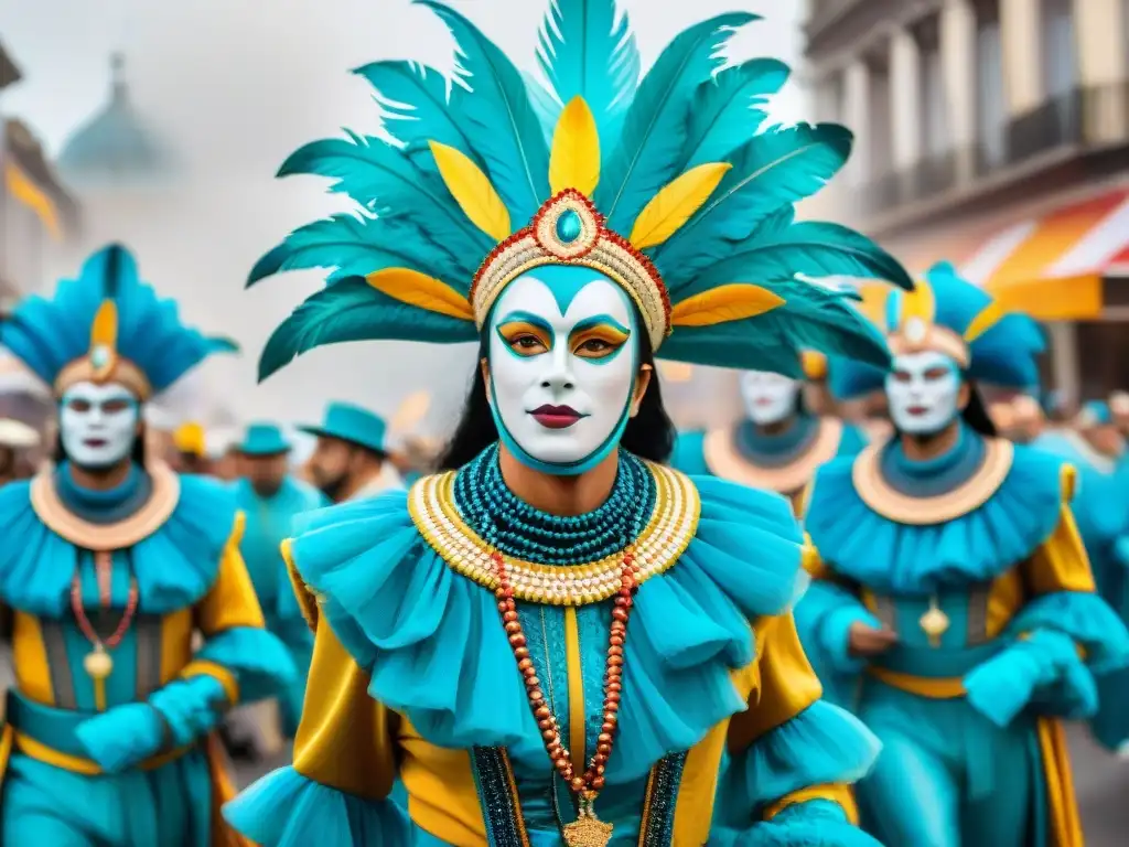 Digitalización del Carnaval Uruguayo: Desfile colorido y festivo con trajes extravagantes y músicos animados