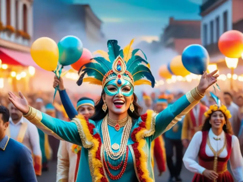 Digitalización del Carnaval Uruguayo: Pintura acuarela de un desfile colorido con carrozas, danzas y espectadores animados