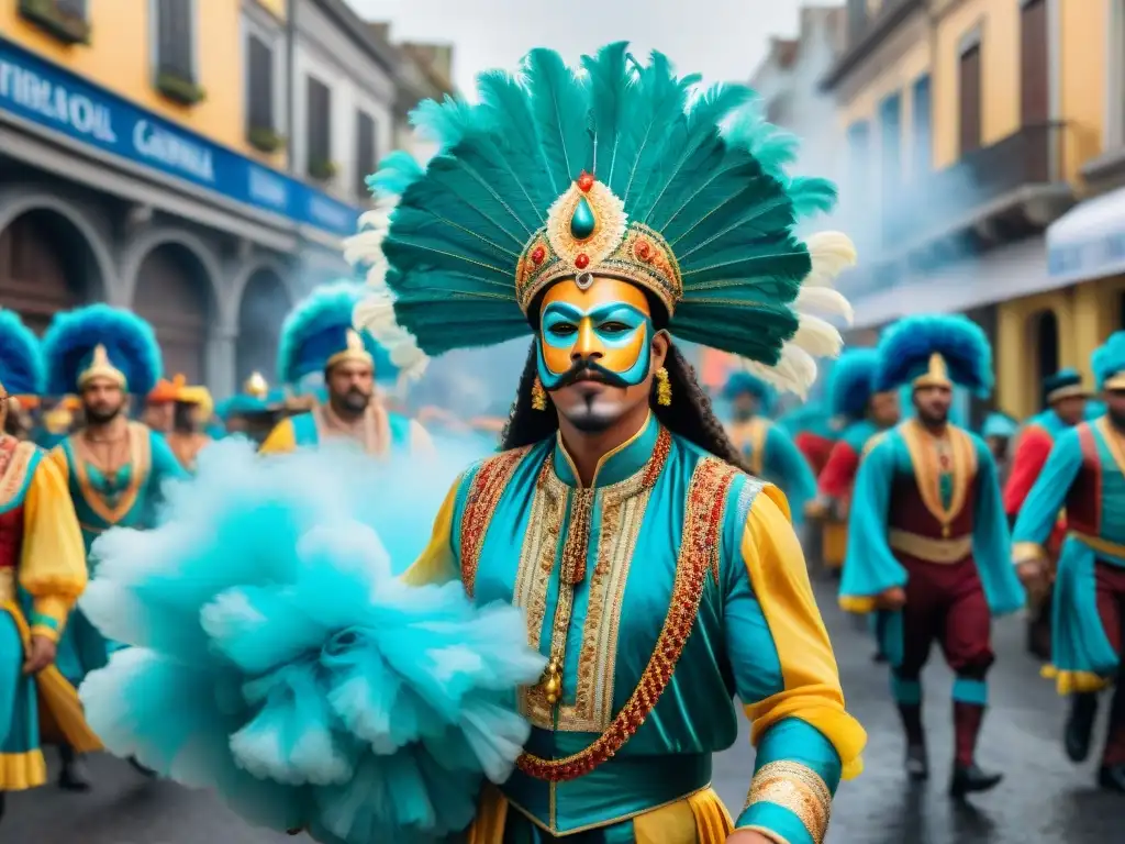 Digitalización del Carnaval Uruguayo: una pintura detallada de una calle bulliciosa durante la festividad, llena de coloridos trajes y música alegre