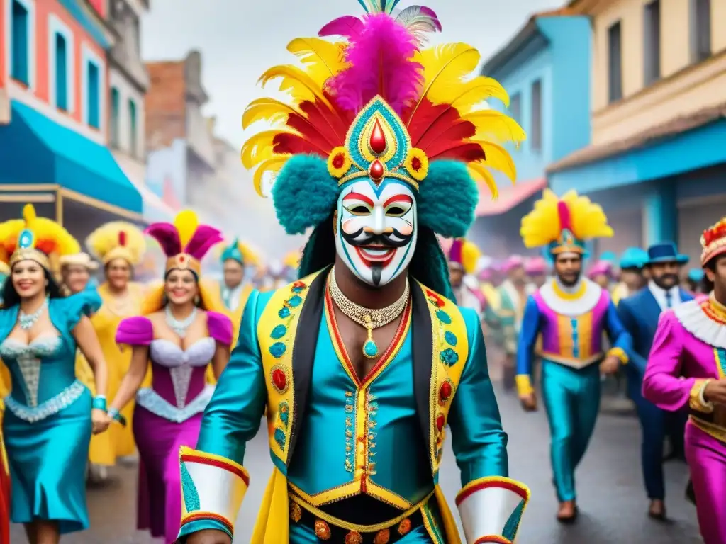 Digitalización del Carnaval Uruguayo: Una vibrante pintura acuarela de un desfile con coloridos trajes, música y baile alegre en las calles de Uruguay