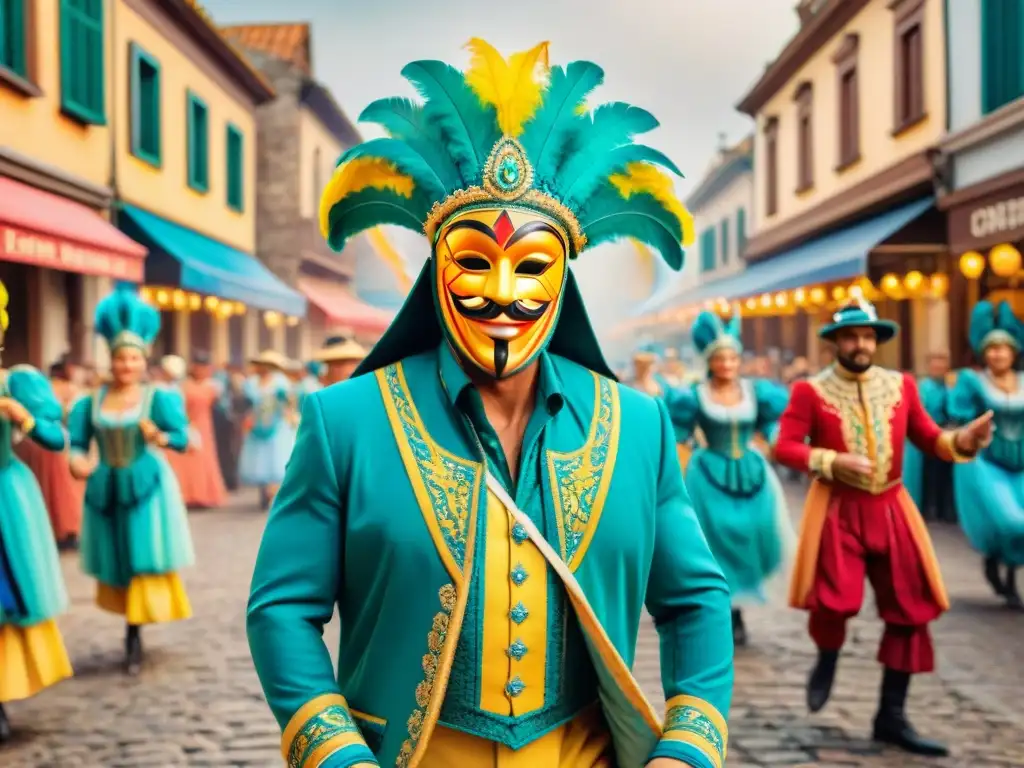 Digitalización de fotografías antiguas Carnaval: Una escena vibrante de Carnaval con trajes coloridos y mascaradas en calles empedradas históricas