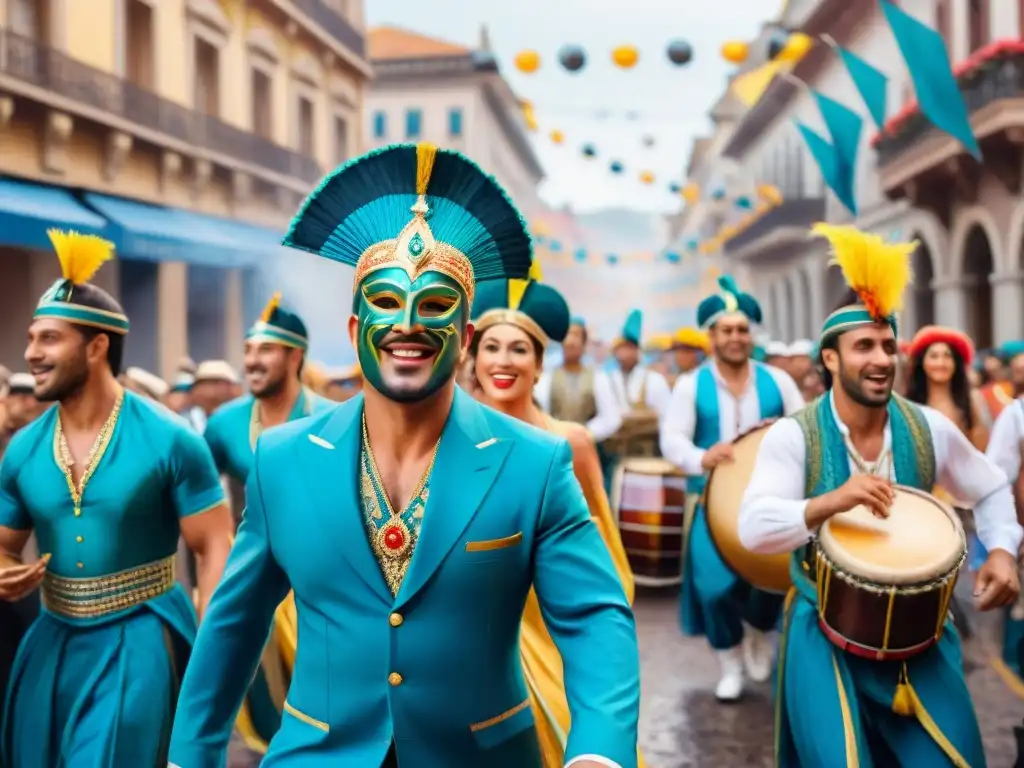 Digitalización de la música del Carnaval Uruguayo: vibrante ilustración acuarela de desfile callejero festivo con músicos y trajes coloridos