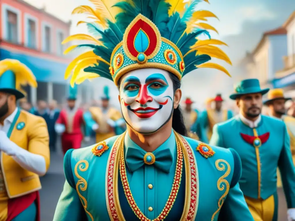 Diseñadores de carnaval en Uruguay crean deslumbrante desfile con trajes y carrozas vibrantes, bailarines alegres y música tradicional