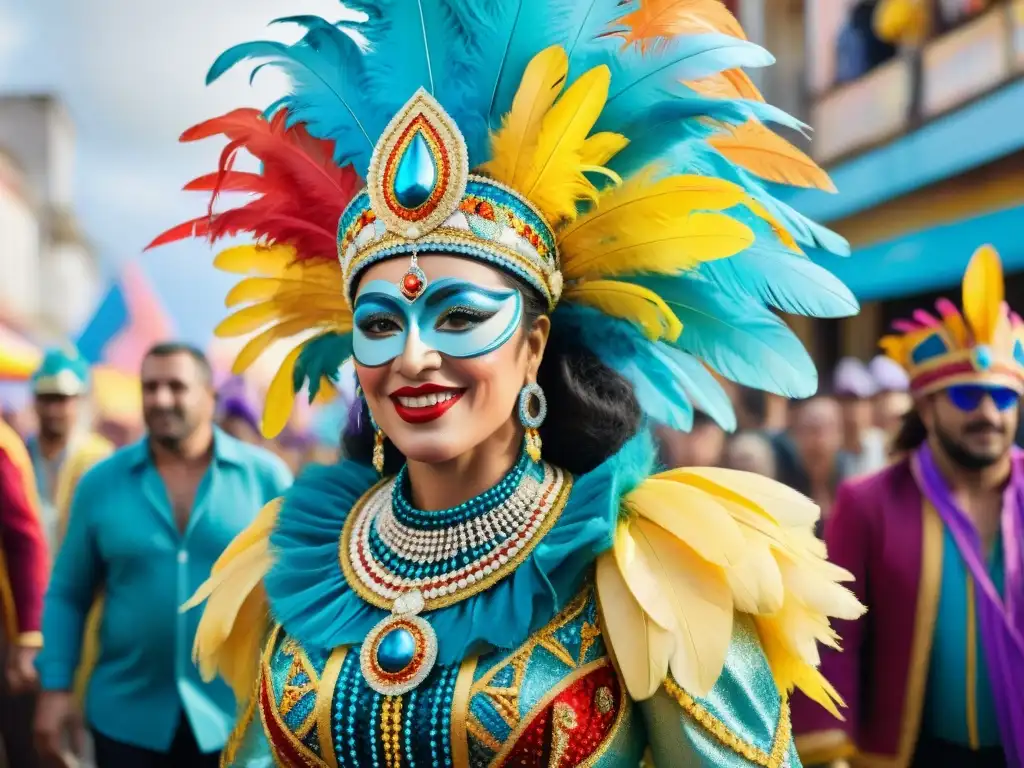 Diseñadores de Carnaval Uruguayo: Detallada acuarela de un vibrante desfile de carnaval en Uruguay con trajes coloridos y elaborados