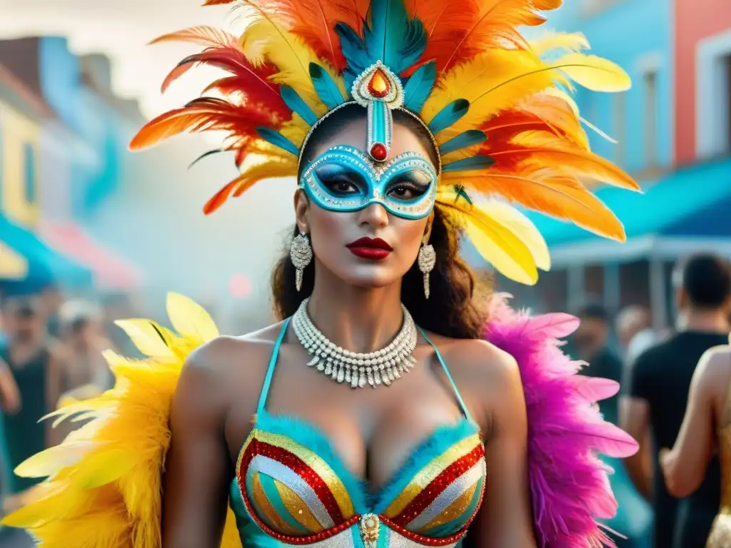 Diseñadores contemporáneos en trajes Carnaval Uruguayo, fusionando tradición y modernidad en vibrante ilustración acuarela