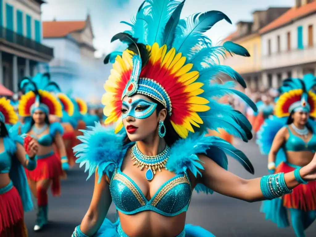 Diseñadores fusionan influencias internacionales carnaval: Colorido desfile en el Carnaval de Uruguay con trajes detallados y vibrante música