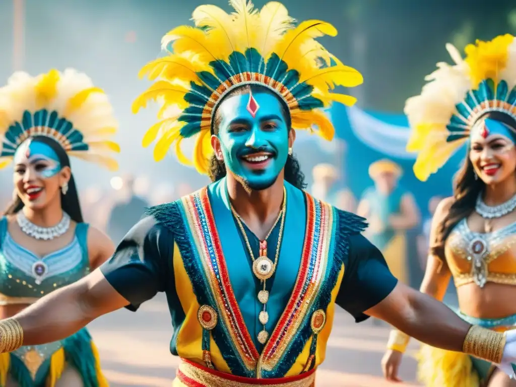 Diseño trajes carnaval Uruguay: Grupo alegre bailando en trajes coloridos y festivos en un desfile animado