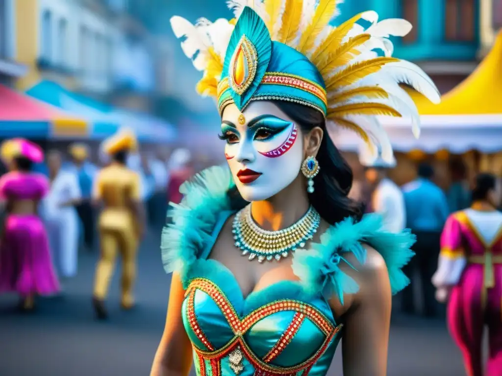 Diseño trajes carnaval Uruguay: Detalles vibrantes y motivos culturales en trajes de carnaval de Montevideo