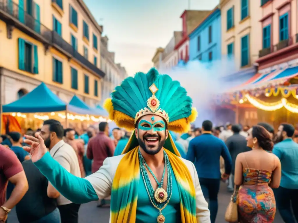 Diseño de stands en el vibrante Carnaval Uruguayo, con coloridas decoraciones y gente celebrando en trajes elaborados