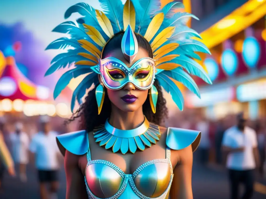 Diseño de trajes de carnaval futurista con luces LED y elementos tecnológicos, en un desfile colorido