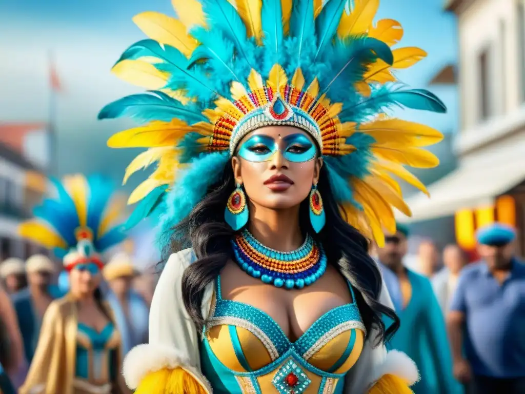 Diseño de vestuario Carnaval Uruguayo con plumas, lentejuelas y detalles intrincados en desfile festivo