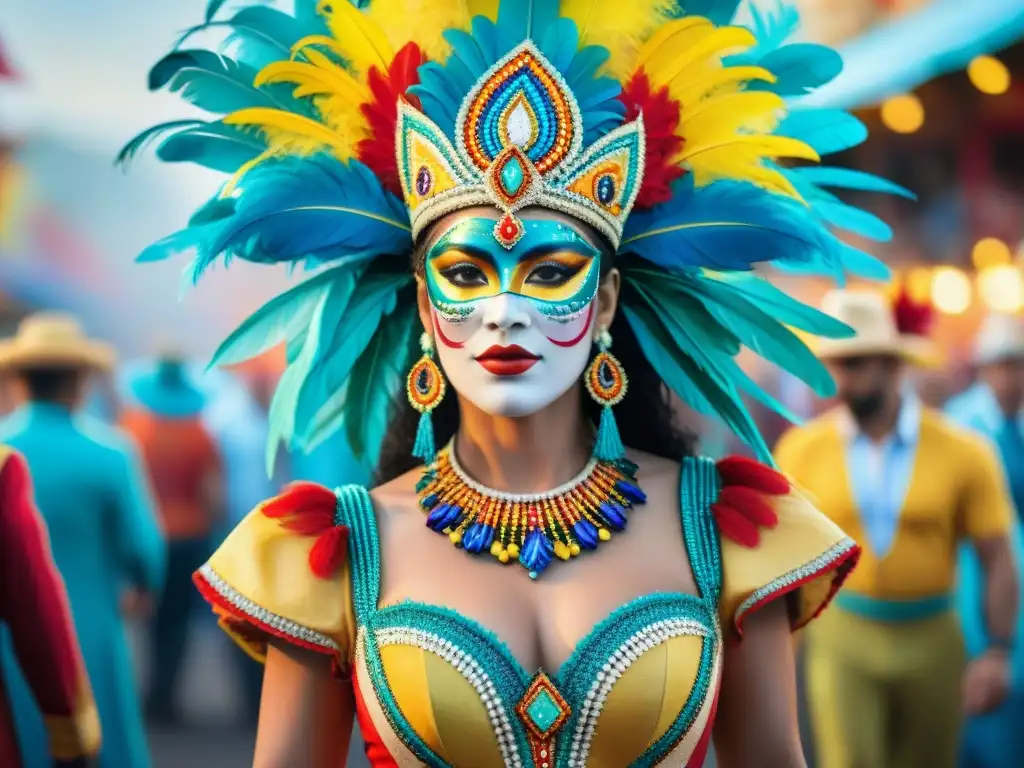 Diseño de vestuario Carnaval Uruguayo: Un traje elaborado y vibrante fusionando artesanía tradicional y diseño moderno