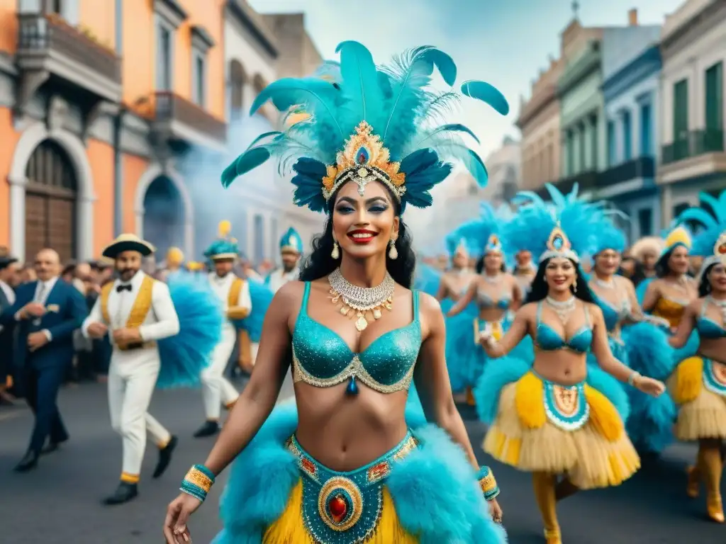 Diseño de vestuario en Carnaval Uruguayo: Desfile vibrante de bailarines con trajes coloridos y detallados en Montevideo