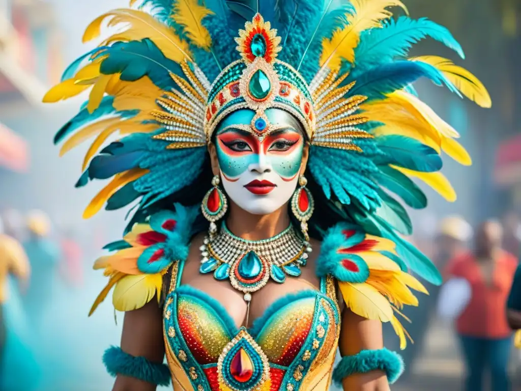 Un diseño de vestuario de Carnaval vibrante y elaborado, con plumas, lentejuelas y bordados detallados en colores brillantes