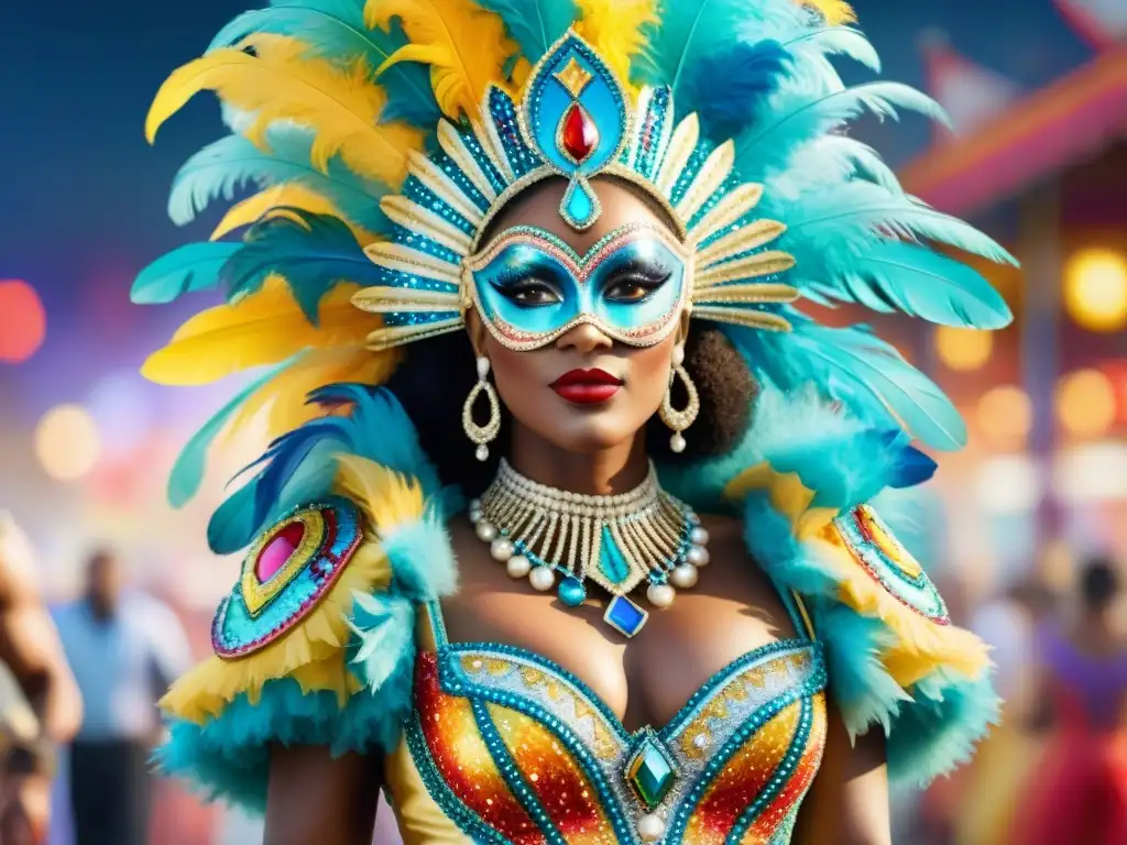 Un diseño de vestuario carnavalesco avanzado con detalles intrincados y coloridos, plumas y lentejuelas brillantes en un ambiente festivo de carnaval