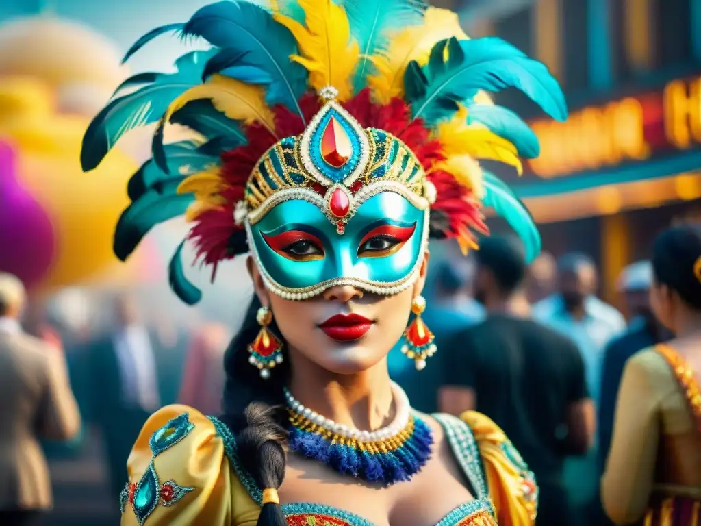 Un diseño de vestuarios carnavalescos avanzados con detalles coloridos y vibrantes en un desfile festivo