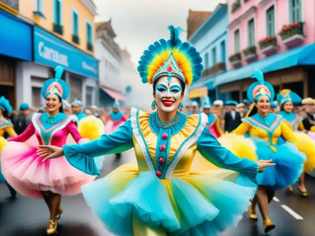 Diseño web para Carnaval Uruguayo: Desfile colorido y festivo con gente bailando y disfrutando en las calles