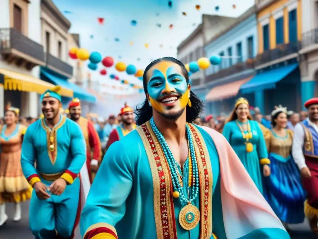 Diversidad y alegría en el Carnaval Uruguayo: grupo variado en trajes coloridos bailando en desfile callejero