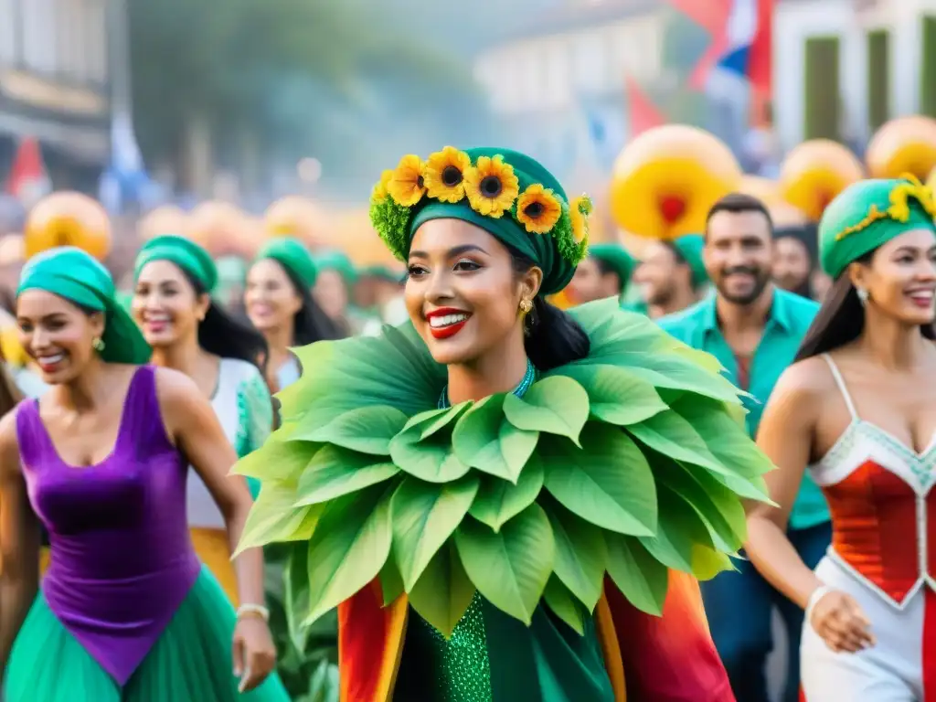 Diverso voluntariado ecológico en Carnaval Uruguayo, desfilando alegremente entre coloridos espectadores y carrozas