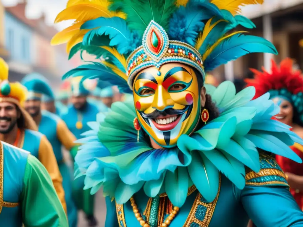 Fotografía documental del Carnaval Uruguayo: Caos vibrante de colores, máscaras e energía festiva en desfile de Carnaval en Uruguay