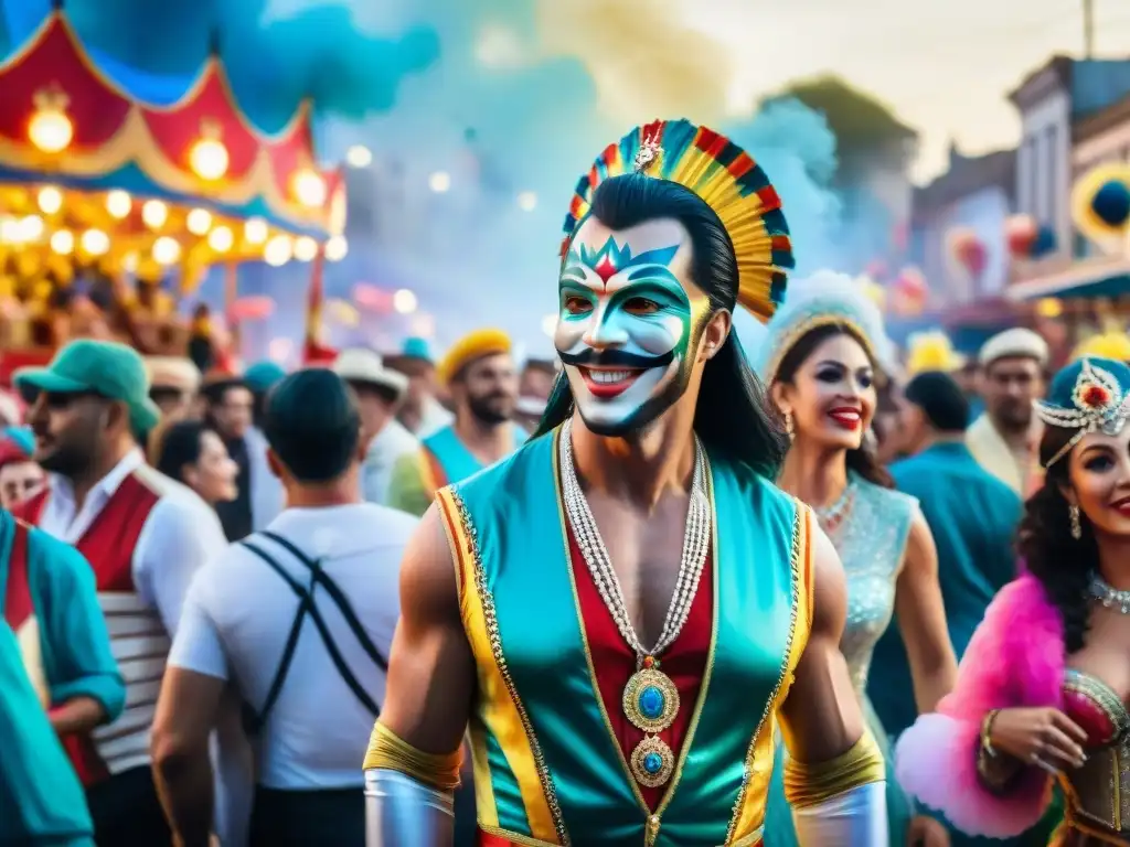 Fotografía documental del Carnaval Uruguayo con coloridos desfiles y bulliciosa multitud celebrando en las calles de Montevideo