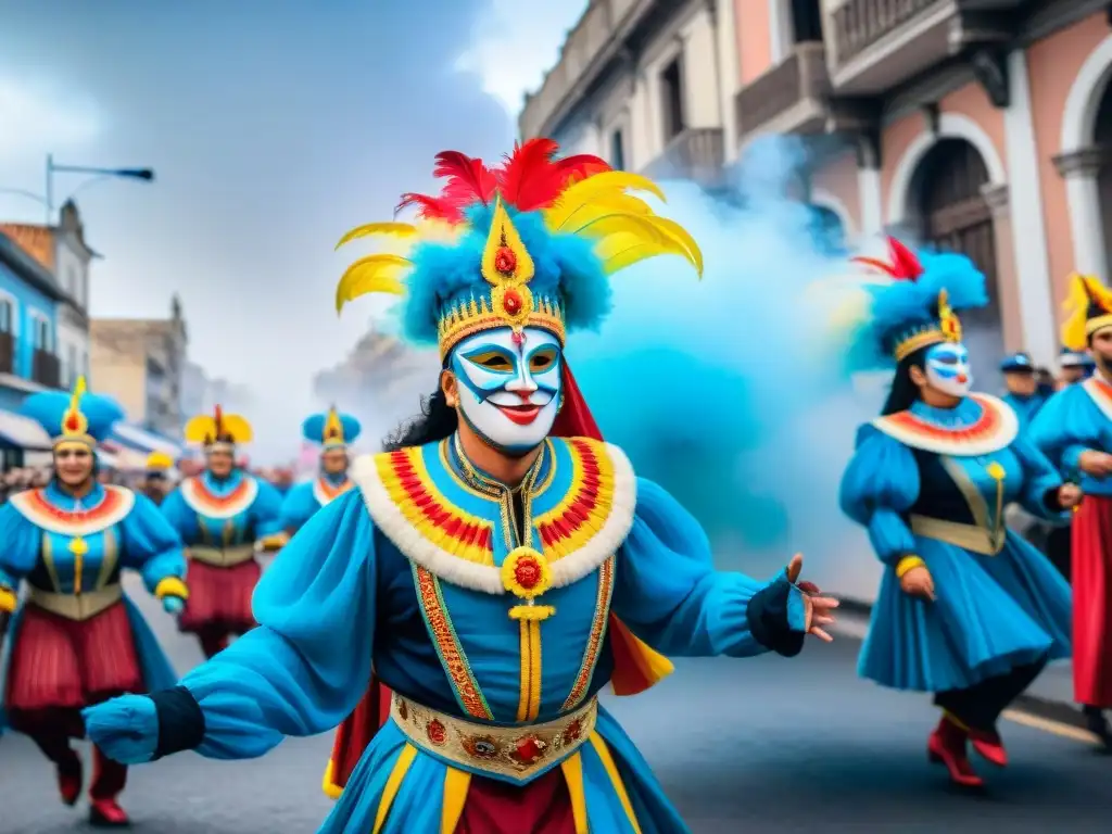 Fotografía documental Carnaval Uruguayo: Desfile vibrante con trajes coloridos y danzas energéticas en las calles de Uruguay