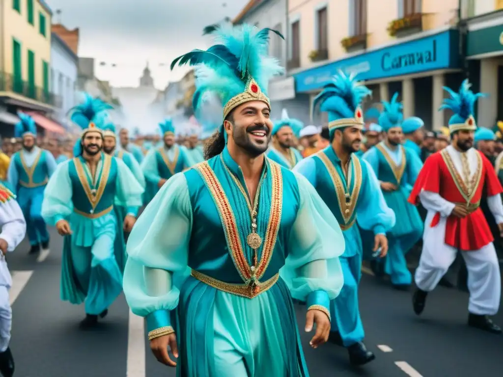 Fotografía documental del Carnaval Uruguayo: una ilustración detallada que captura la vibrante caótica de un desfile de Carnaval en Uruguay