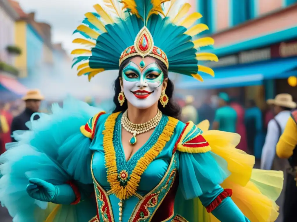 Fotografía documental del Carnaval Uruguayo: Detalles vibrantes de un desfile con disfraces coloridos y energéticos bailarines