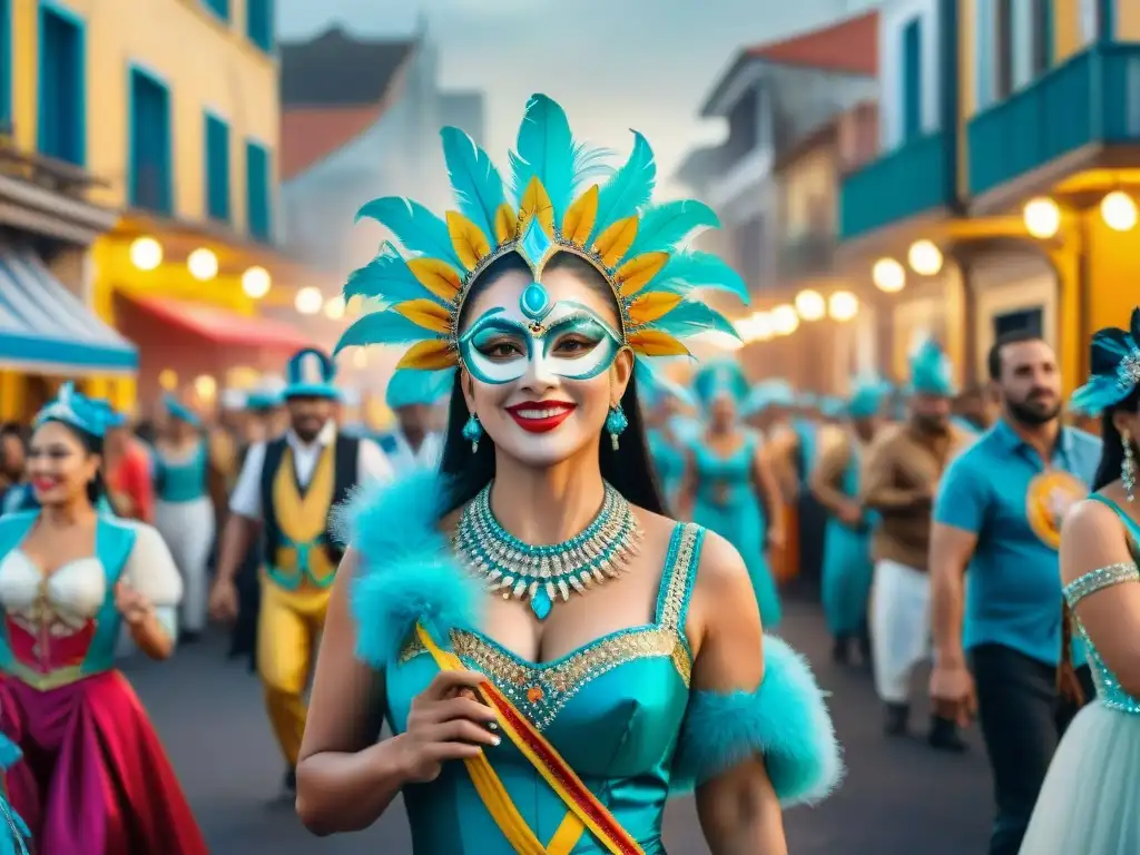 Fotografía documental del Carnaval Uruguayo: una pintura detallada que captura la energía vibrante y caótica de la festividad