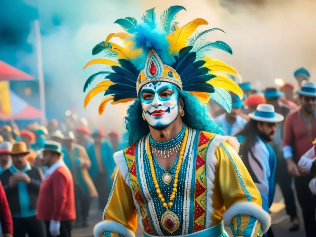 Fotografía documental del Carnaval Uruguayo: Un vibrante desfile capturado en acuarela detallada