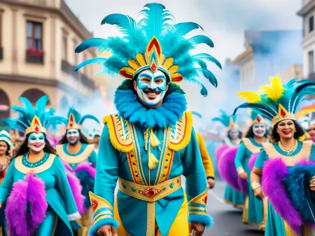 Documentales sobre Carnaval Uruguayo: Desfile vibrante con trajes coloridos, música alegre y multitudes felices