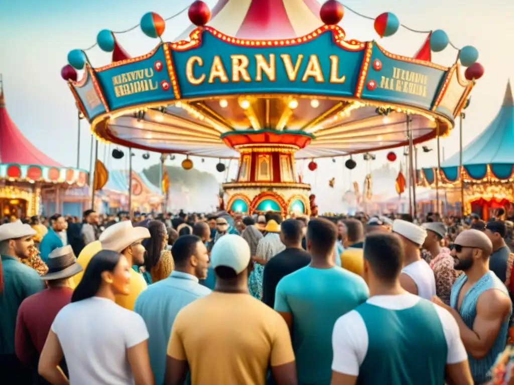 Elección de tonos en Carnaval: escena festiva y colorida con carrozas, bailarines y multitudes celebrando