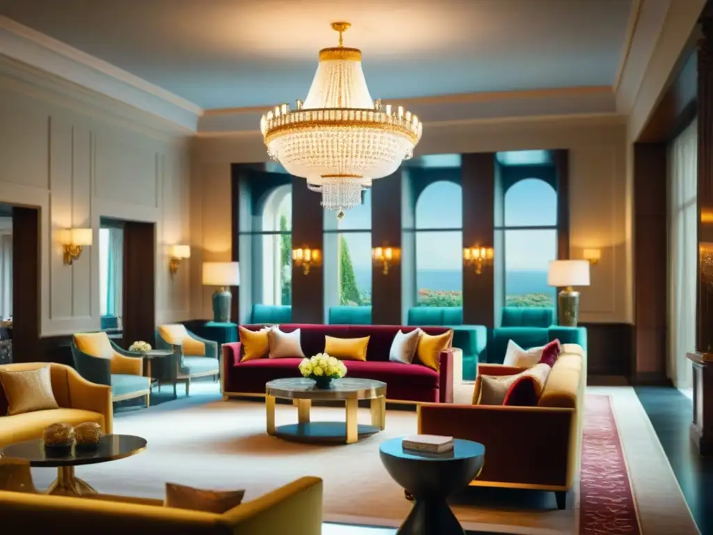 Elegante lobby de hotel de lujo con chandeliers, sofás de terciopelo y suelo de mármol, en el que los huéspedes disfrutan del Carnaval Uruguayo