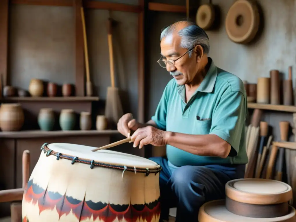 Emotiva escena de fabricación de tambores, arte y transmisión generacional en taller rústico